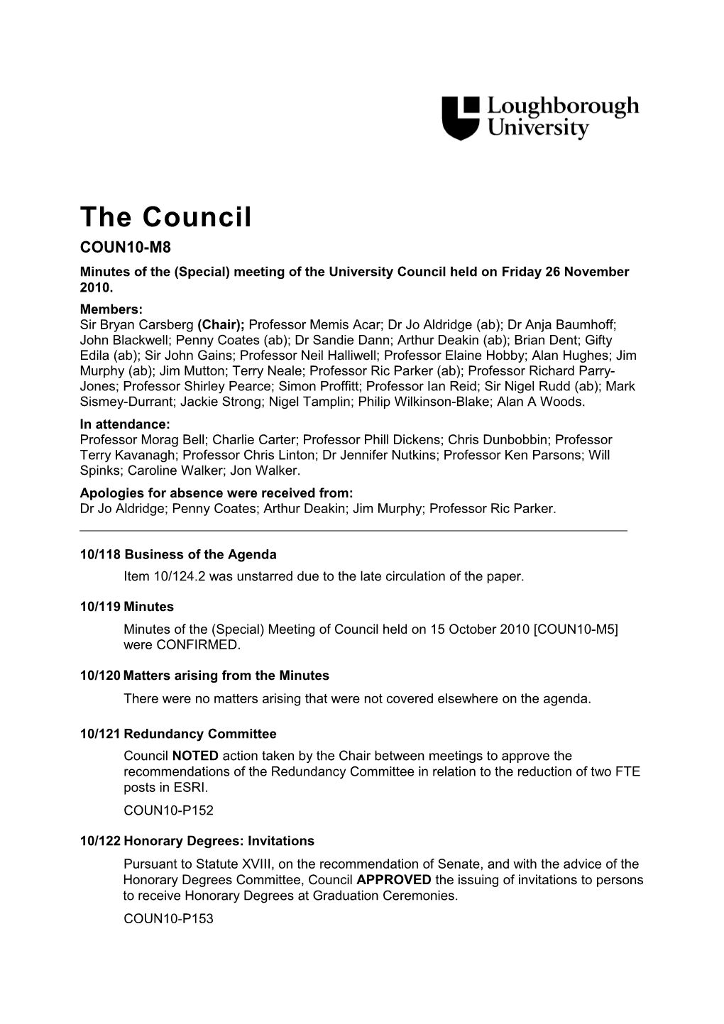 Minutes of the (Special) Meeting of the University Council Held on Friday26 November 2010