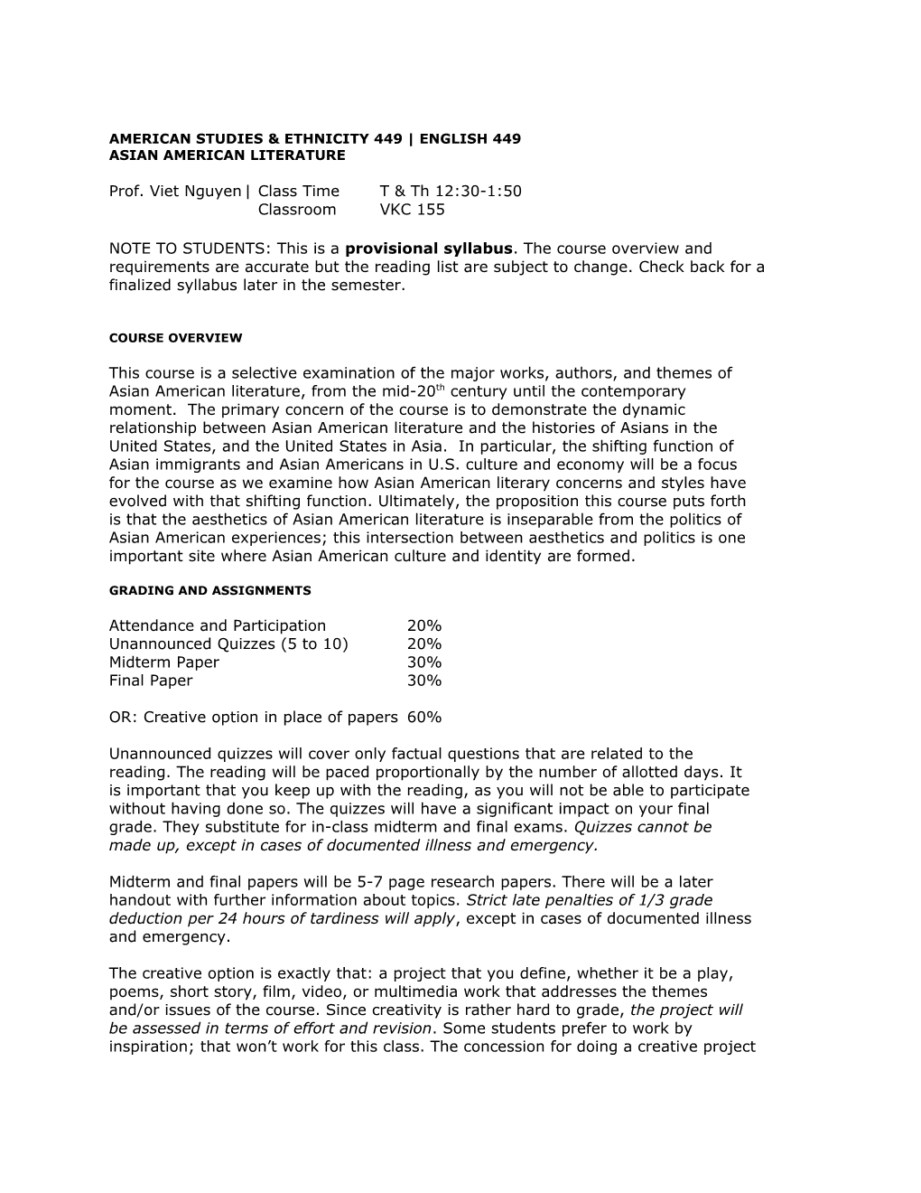 American Studies & Ethnicity 449 English 449