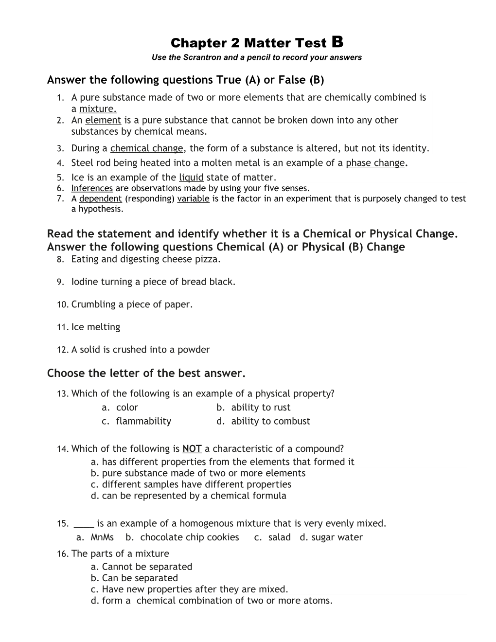 Chapter 2 Matter Test