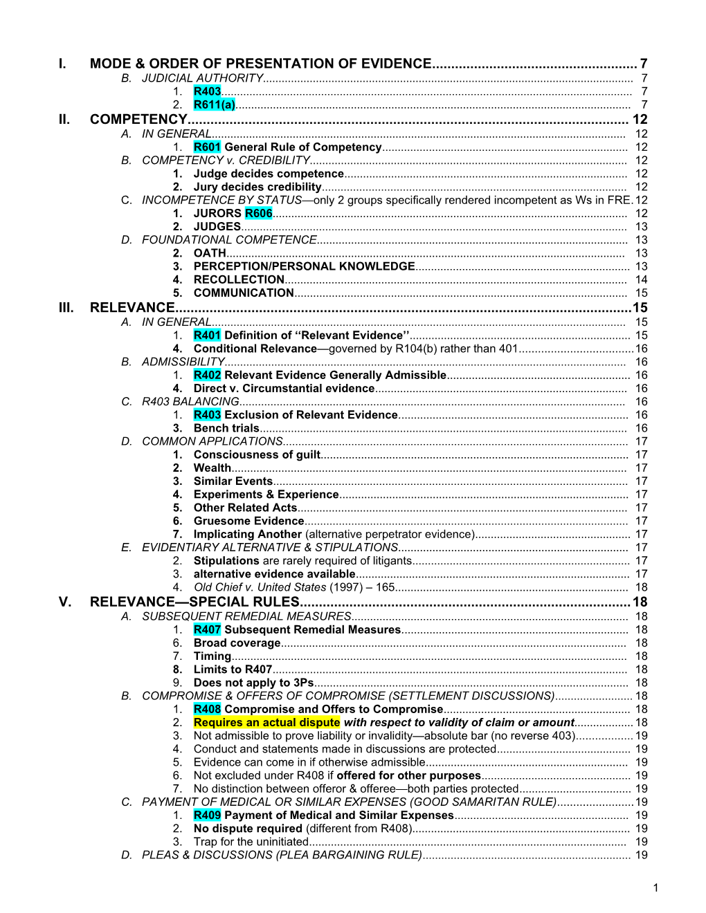 I. Mode & Order of Presentation of Evidence 7