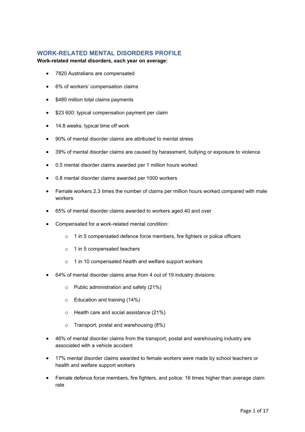 Work-Related Mental Disorders Profile