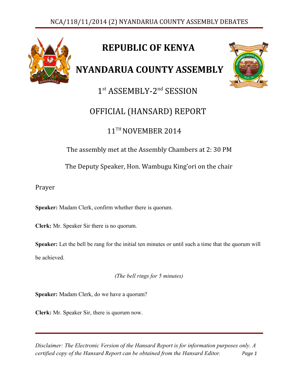 Nca/118/11/2014 (2) Nyandarua County Assembly Debates