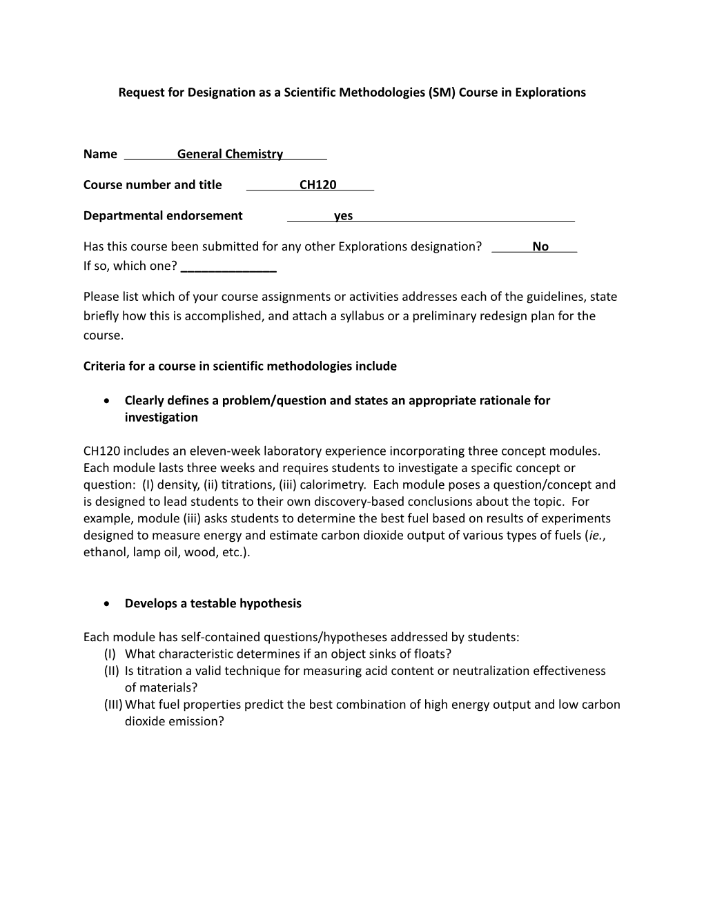 Request for Designation As a Scientific Methodologies (SM) Course in Explorations