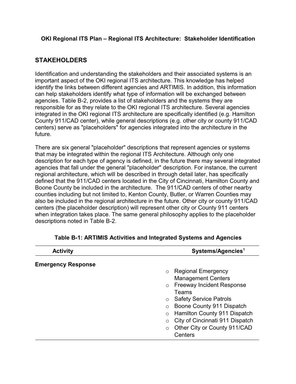 OKI Regional ITS Plan Regional ITS Architecture: Stakeholder Identification