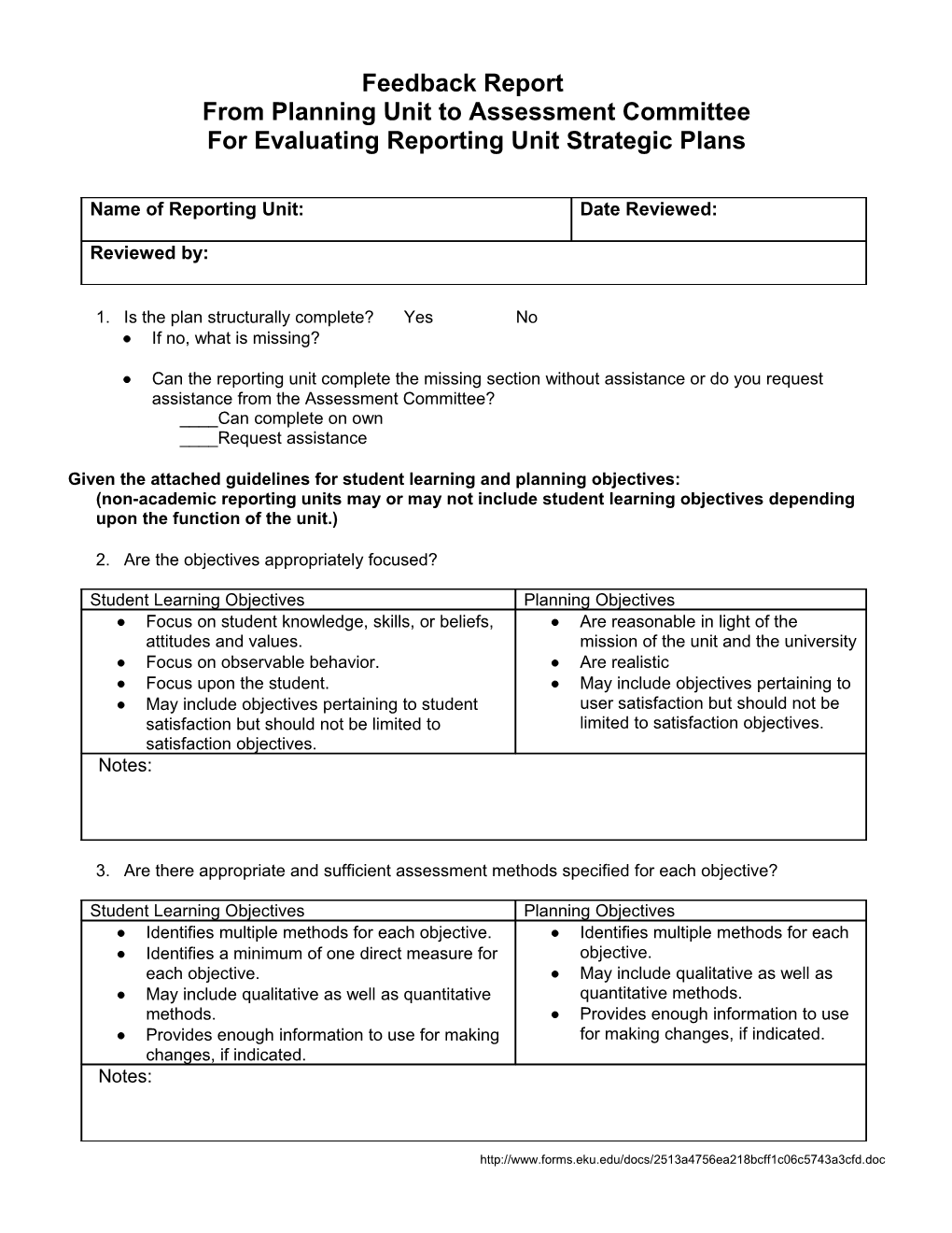 Feedback Report from Planning Unit to Assessment Committee