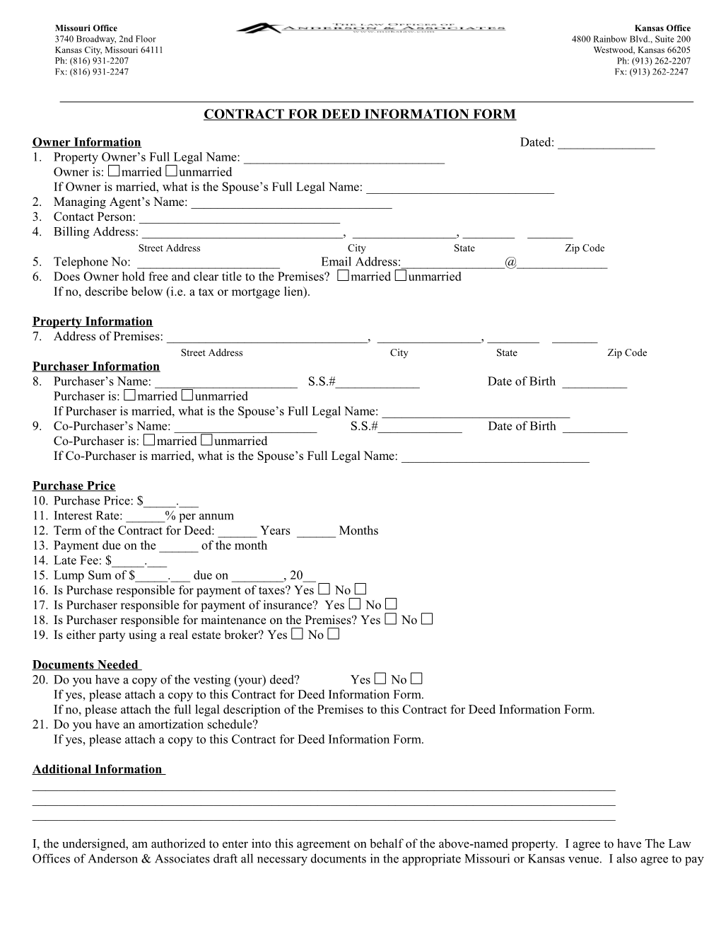 Contract for Deed Information Form