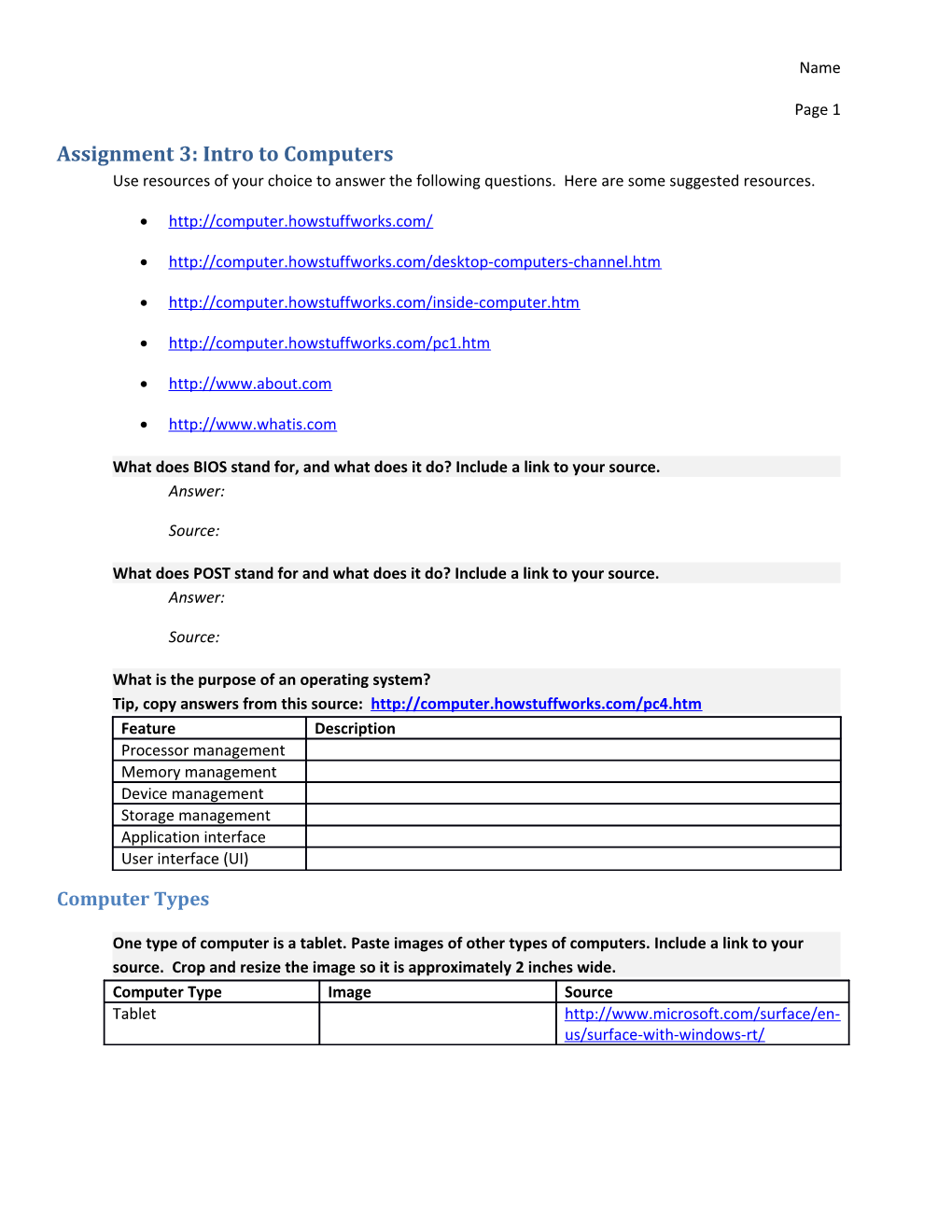 Assignment 3: Intro to Computers