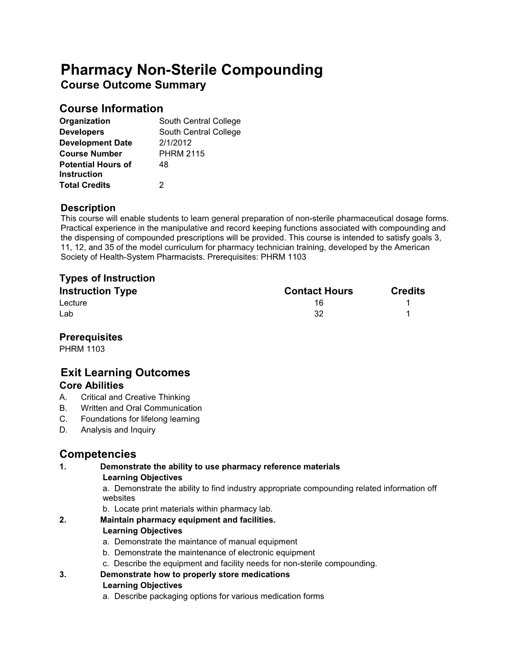 Pharmacy Non-Sterile Compounding Course Outcome Summary