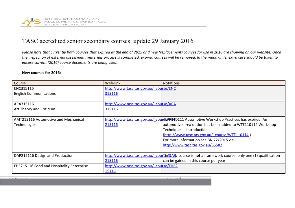 TASC Accredited Senior Secondary Courses: Update 29 January 2016
