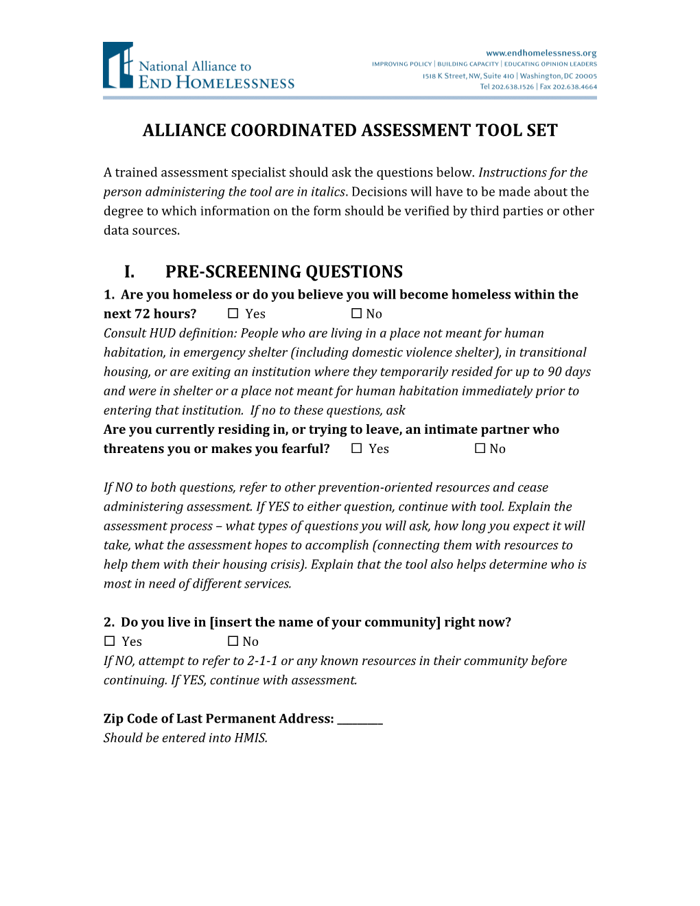 Alliance Coordinated Assessment Tool Set