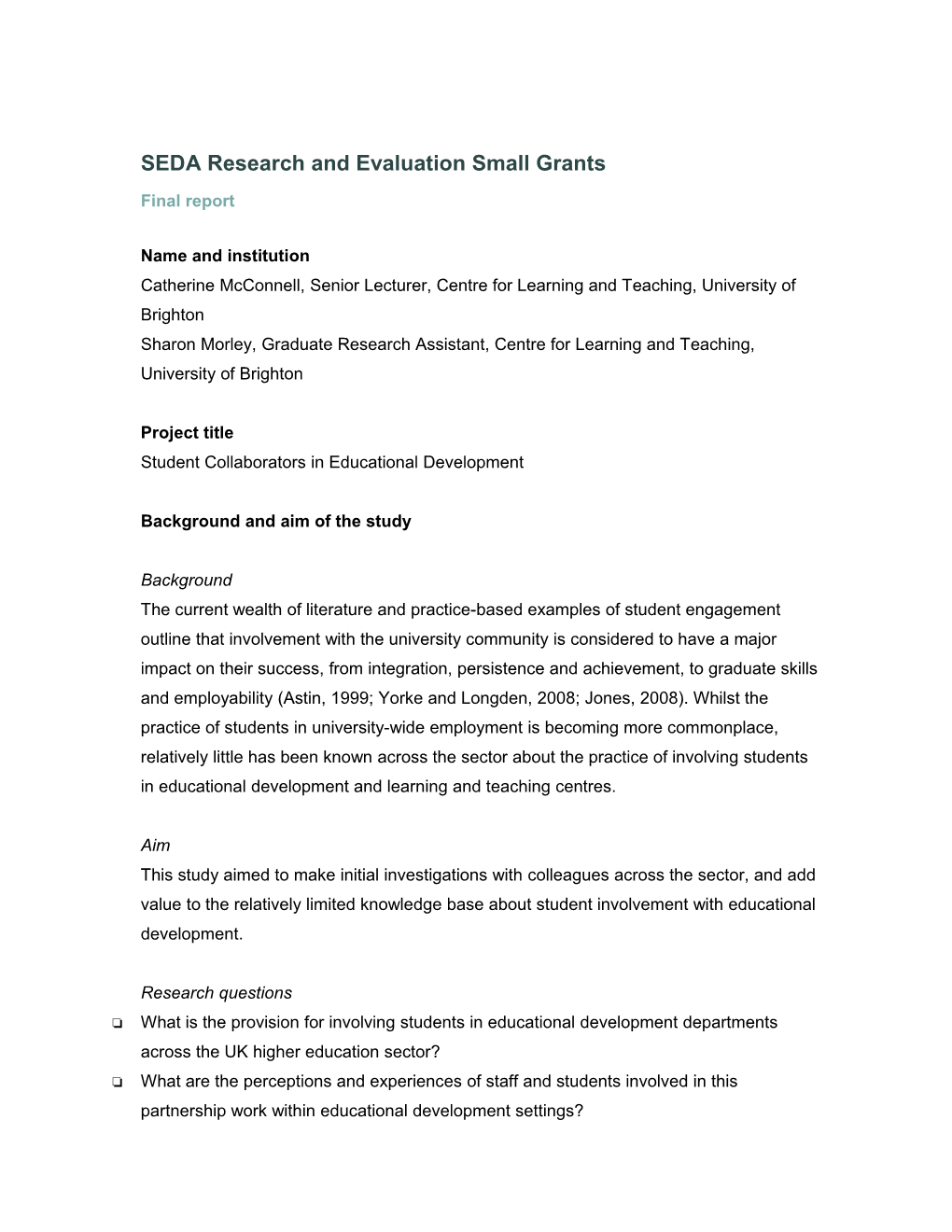 SEDA Research and Evaluation Small Grants