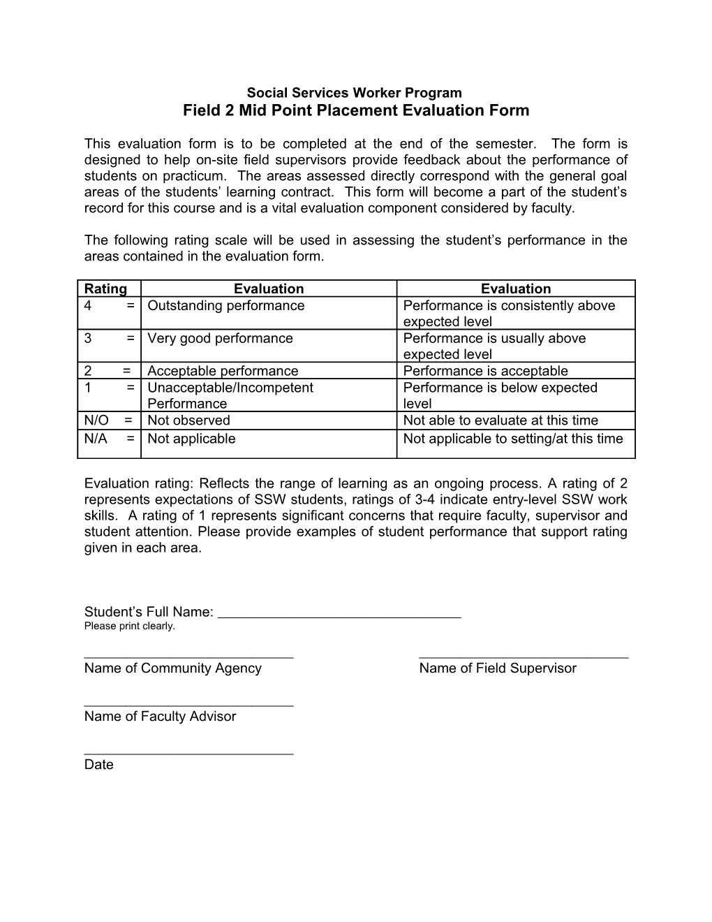 SSW Second Year &amp; Fast Track Mid Point Evaluation Form