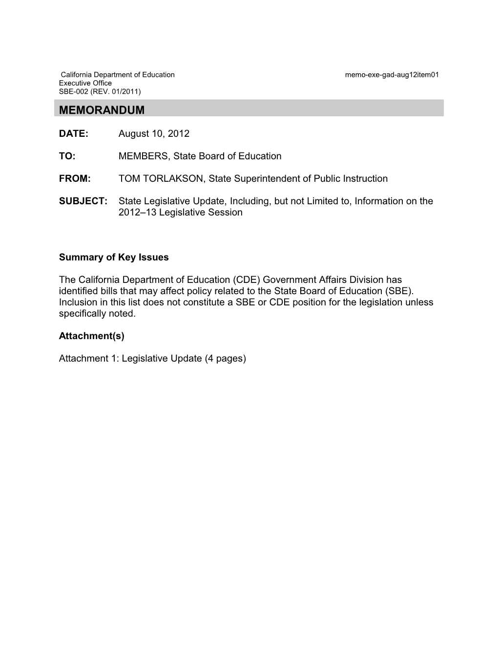 August 2012 Memorandum EXE Item 1 - Information Memorandum (CA State Board of Education)