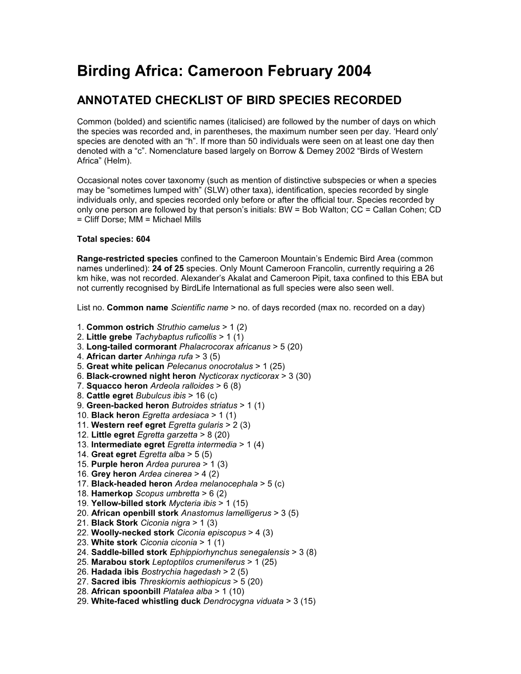 Annotated Checklist of Bird Species Recorded