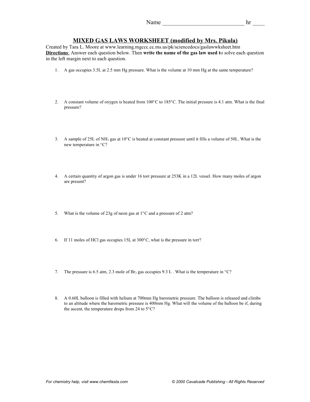 MIXED GAS LAWS WORKSHEET (Modified by Mrs