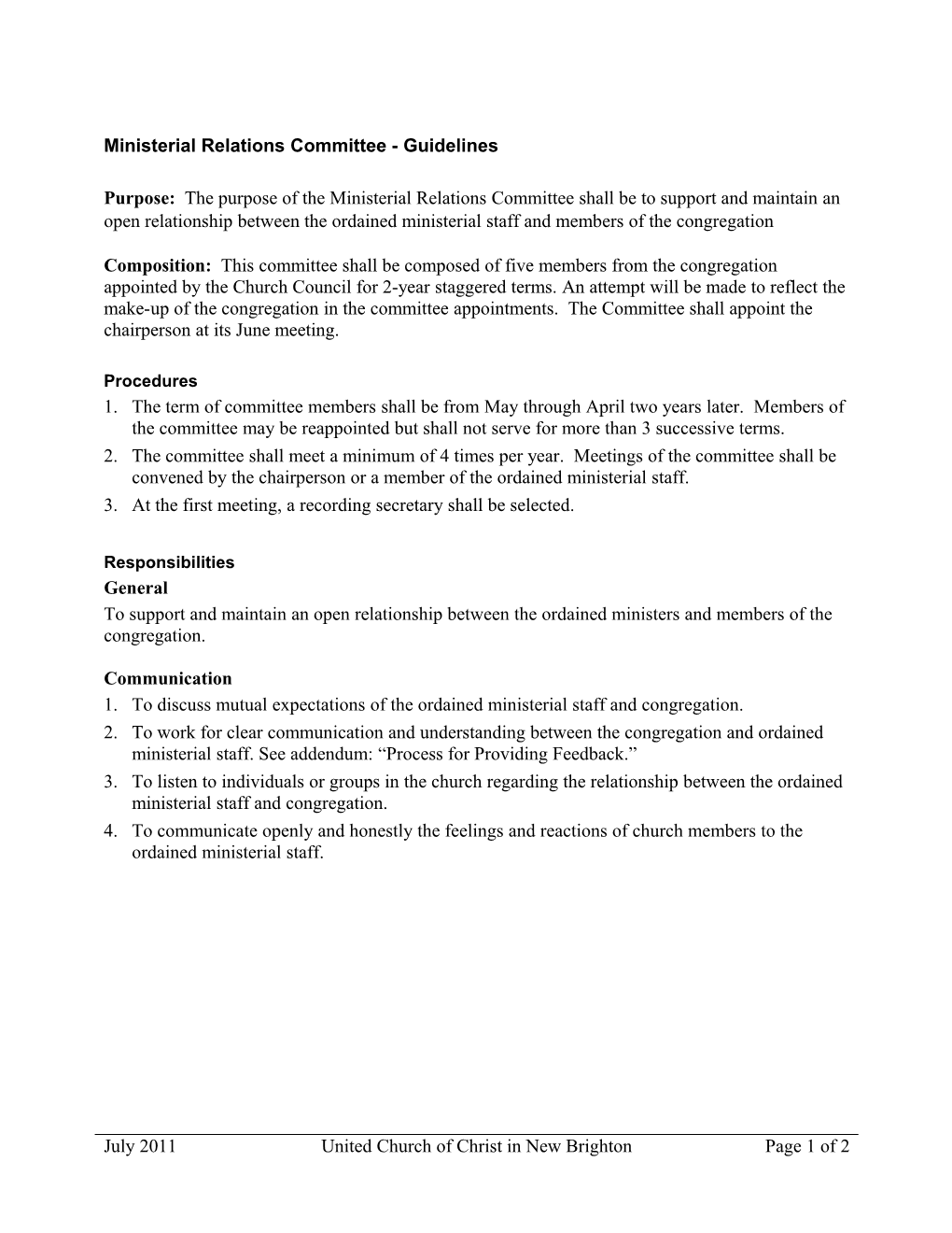 Ministerial Relations Committee - Guidelines