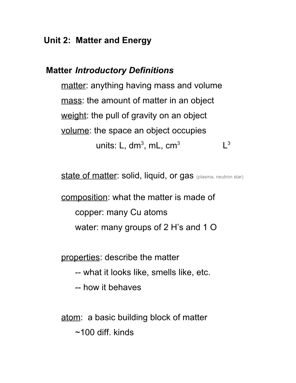 Unit 2: Matter and Energy