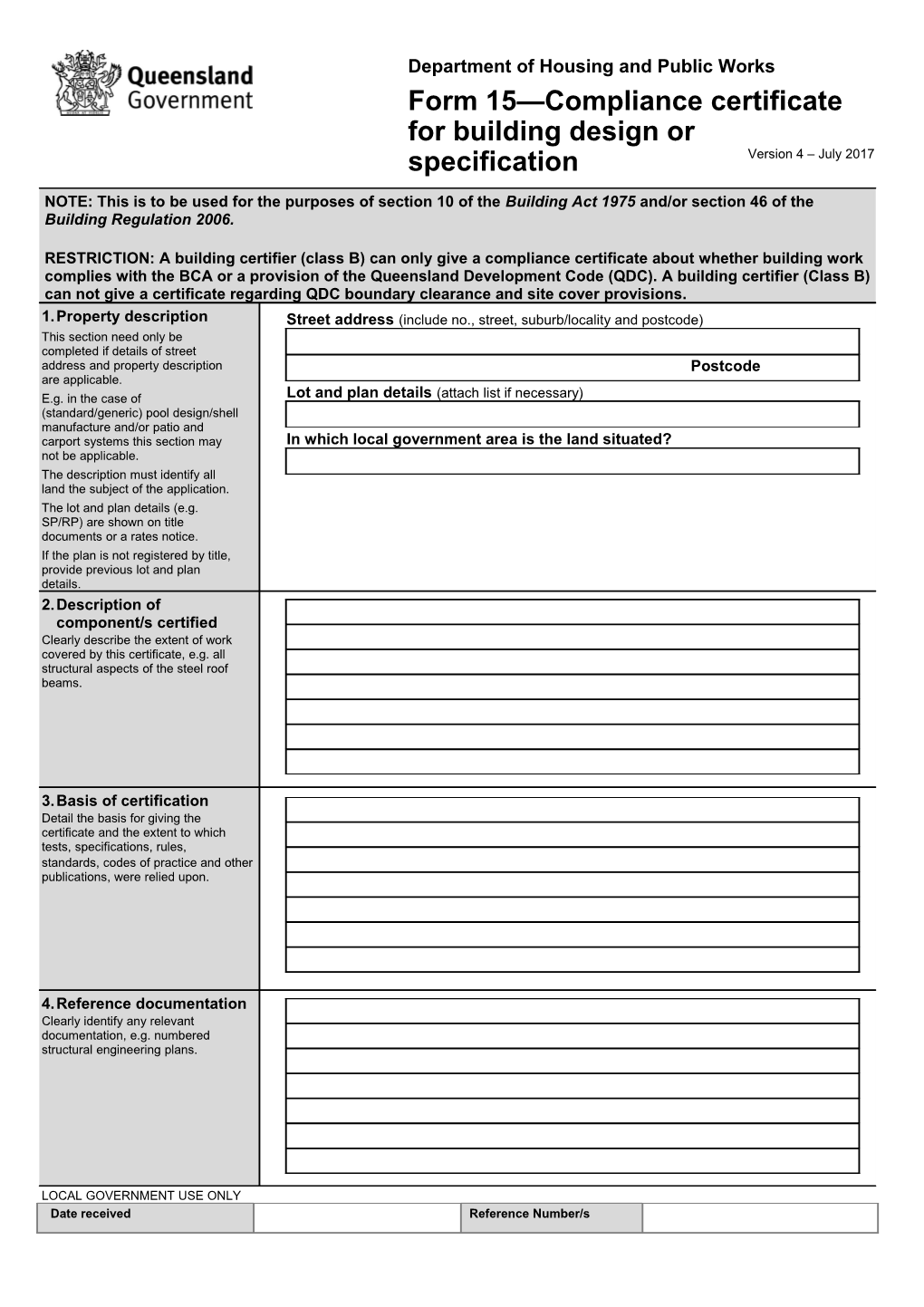 Form 15 Compliance Certificate for Building Design Or Specification