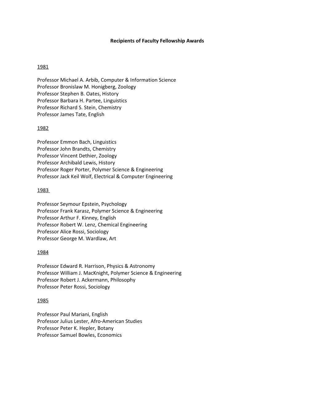 Recipients of Faculty Fellowship Awards