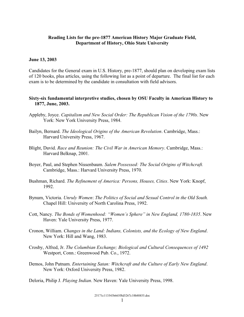 Reading Lists for the Pre-1877 American History Major Graduate Field