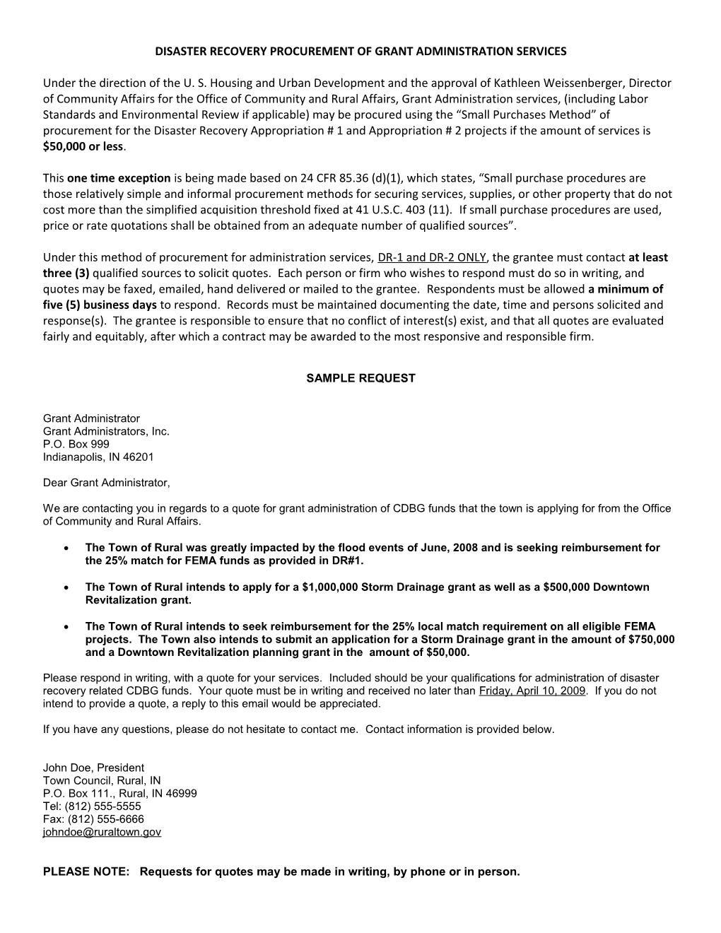 Disaster Recovery Procurement of Grant Administration Services