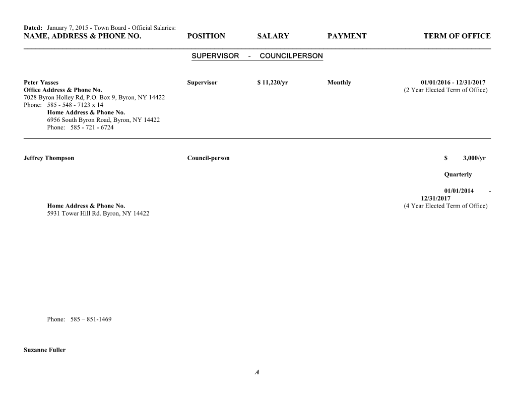 Name, Address & Phone No. Position Salary Payment Term of Office