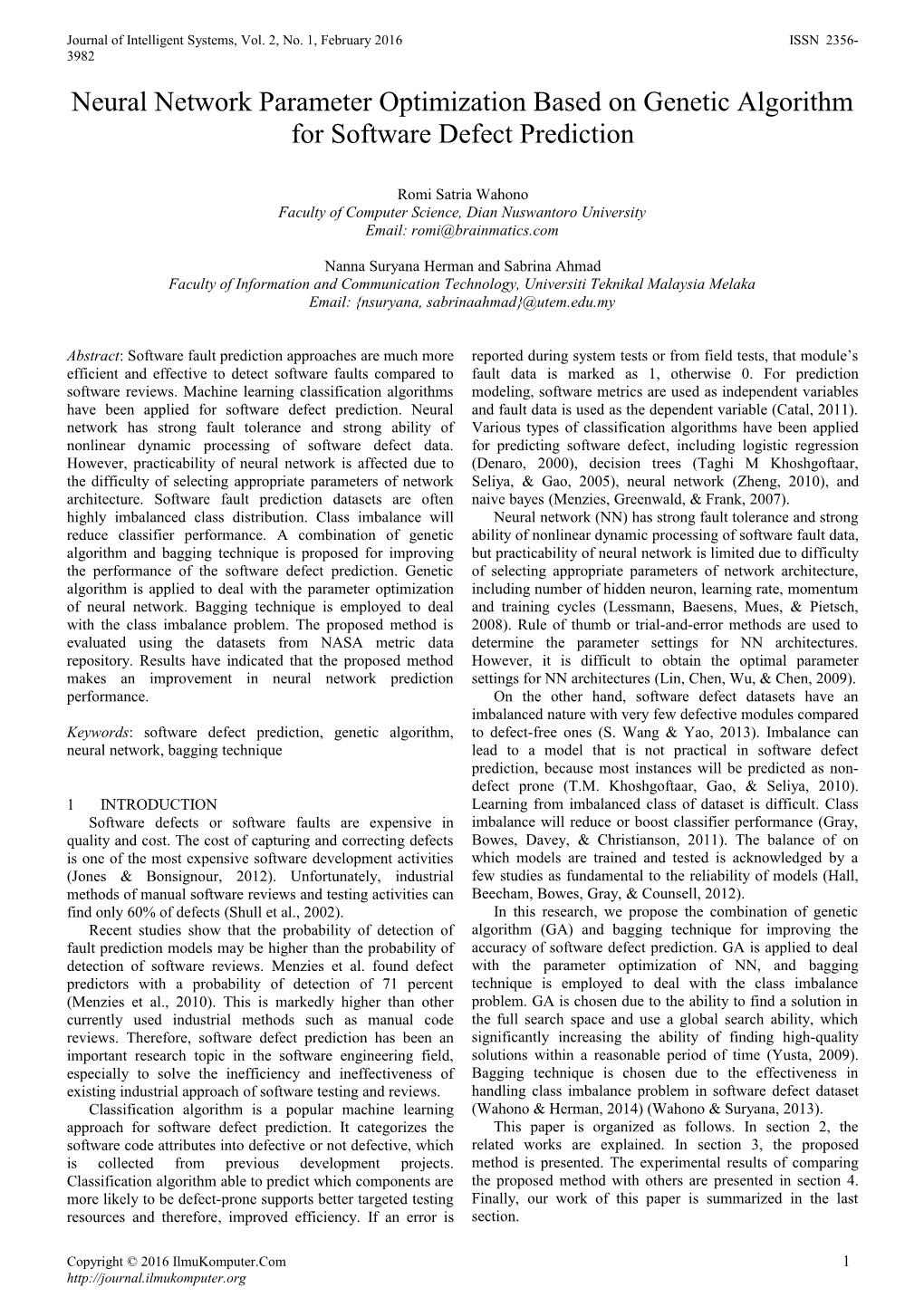 Neural Network Parameter Optimization Based on Genetic Algorithm for Software Defect Prediction