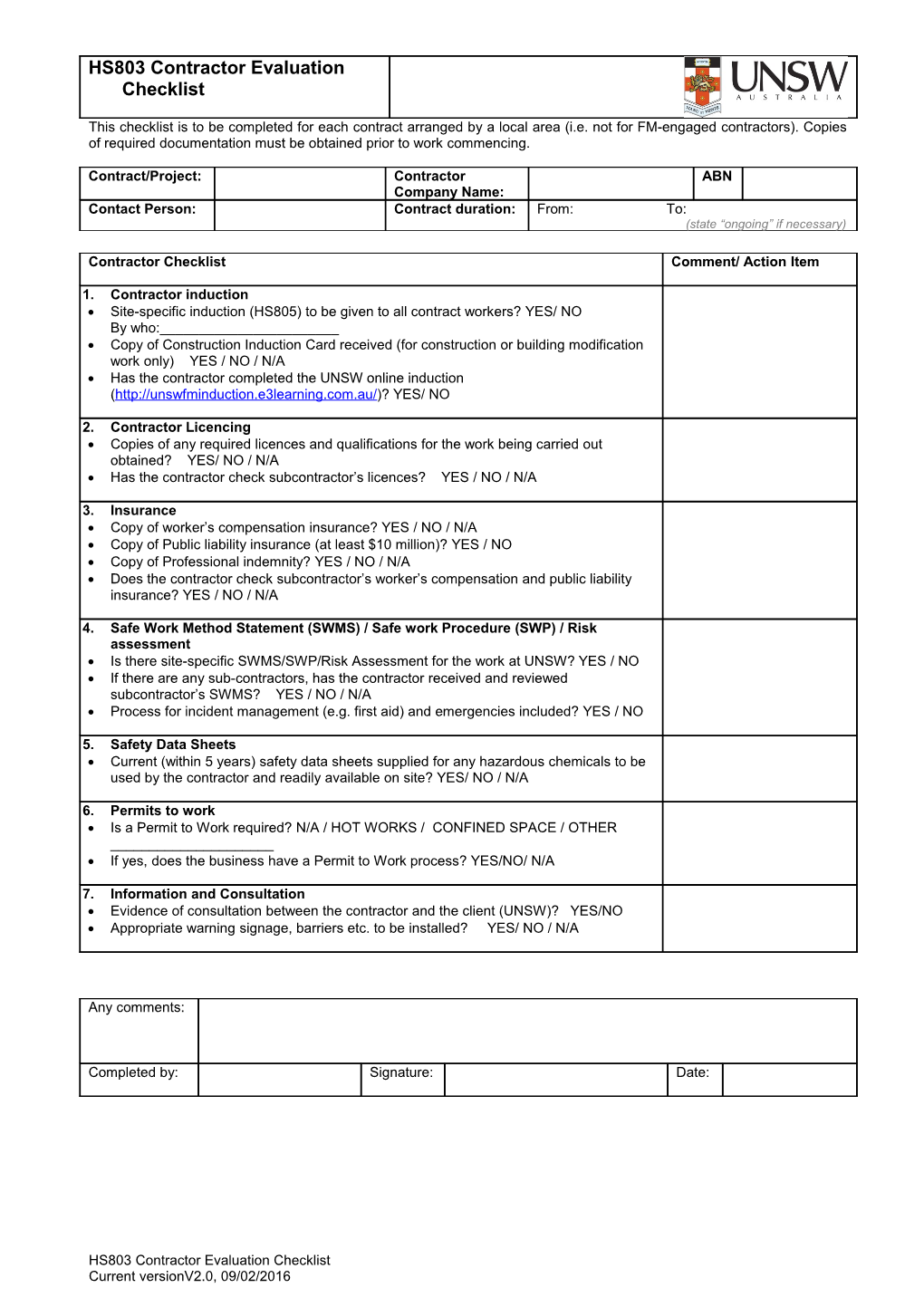 HS803 Contractor Evaluation Checklist