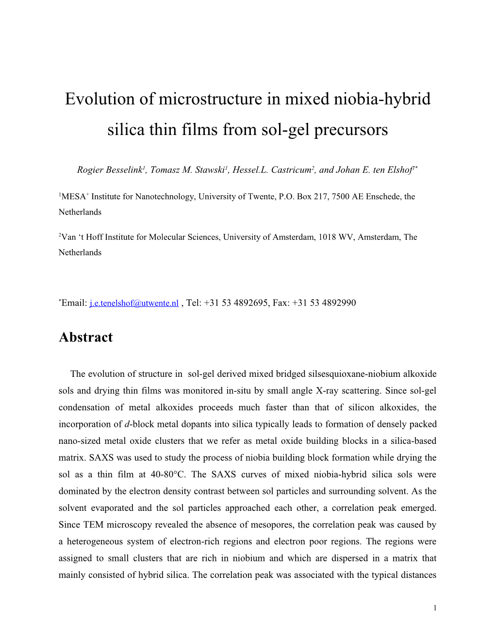 Evolution of Microstructure in Mixed Niobia-Hybrid Bridged Silsesquioxane Silica Thin Films