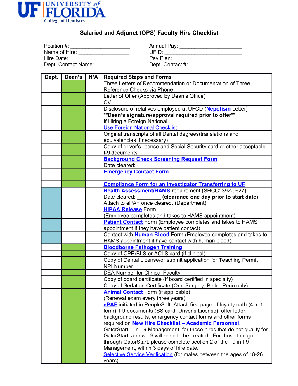 Salaried and Adjunct (OPS) Faculty Hire Checklist
