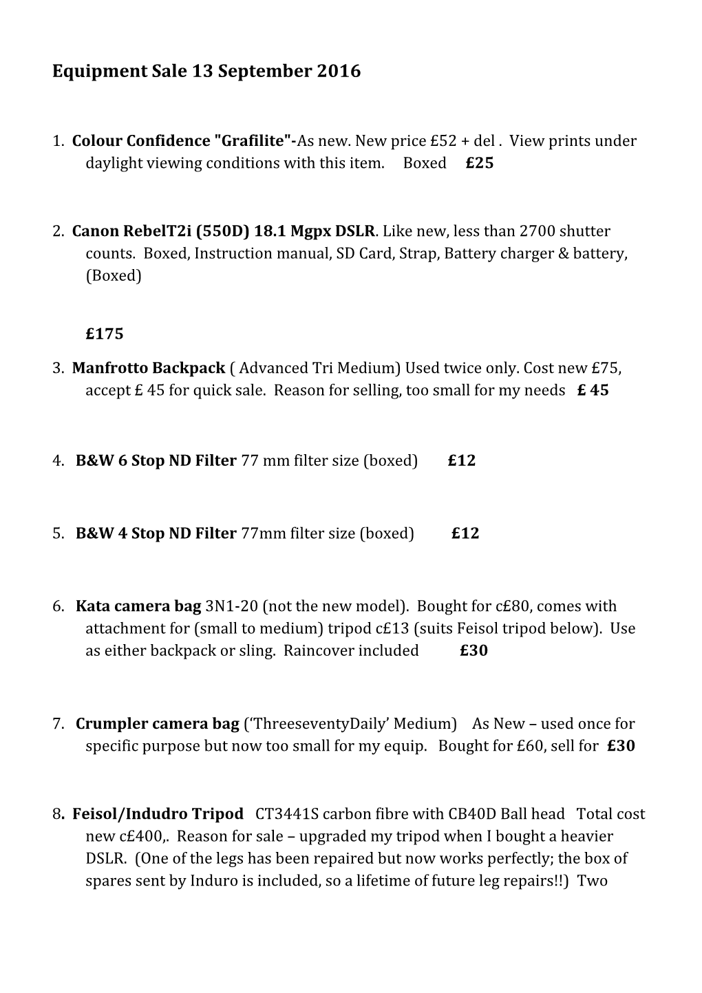 Equipment Sale 13 September 2016