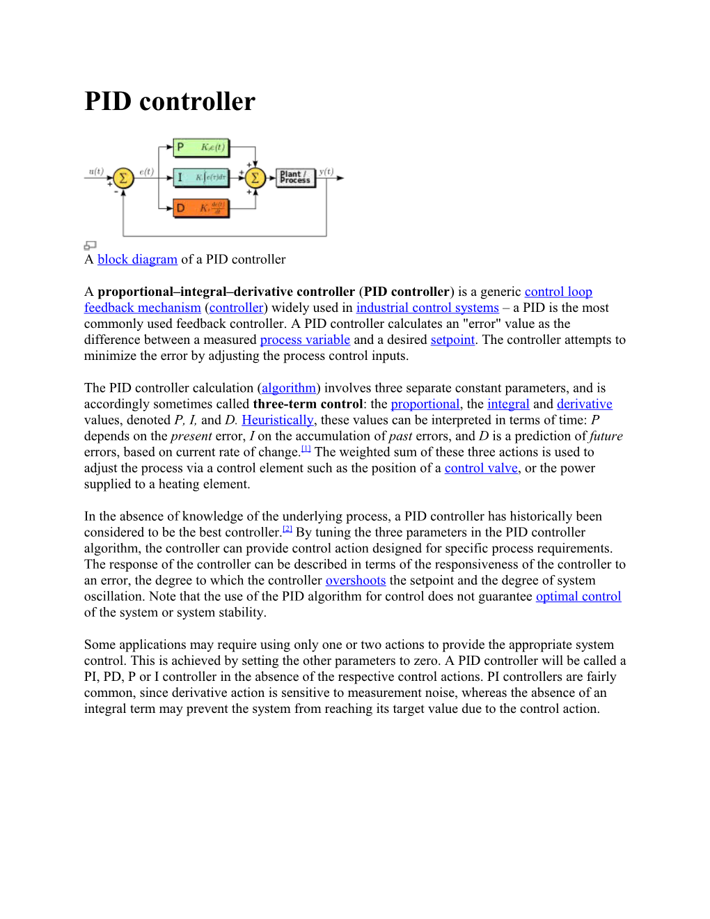 A Block Diagram of a PID Controller