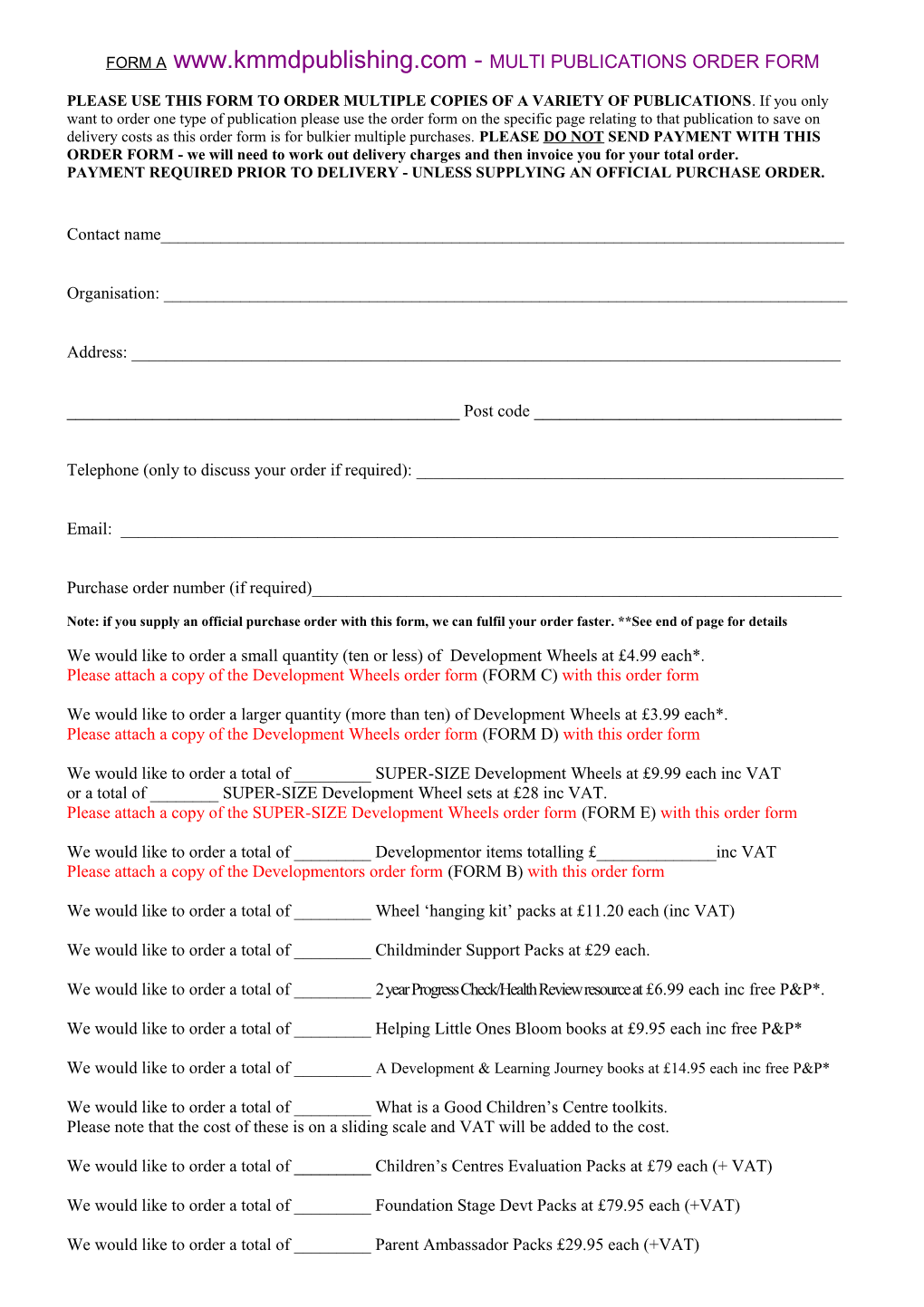 Form a - Multi Publications Order Form