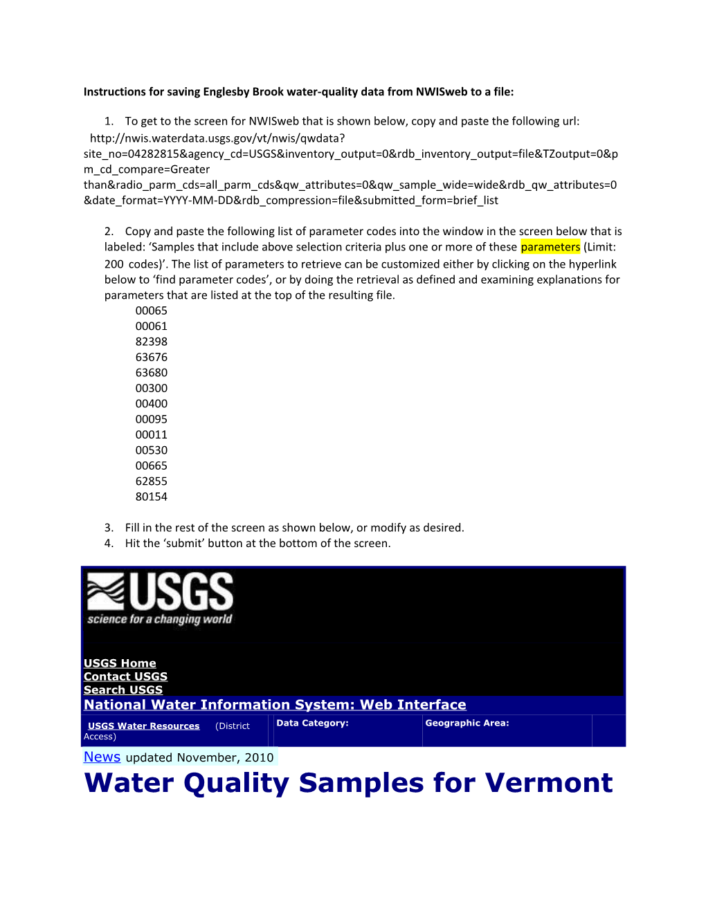 Instructions for Saving Englesby Brook Water-Quality Data from Nwisweb to a File