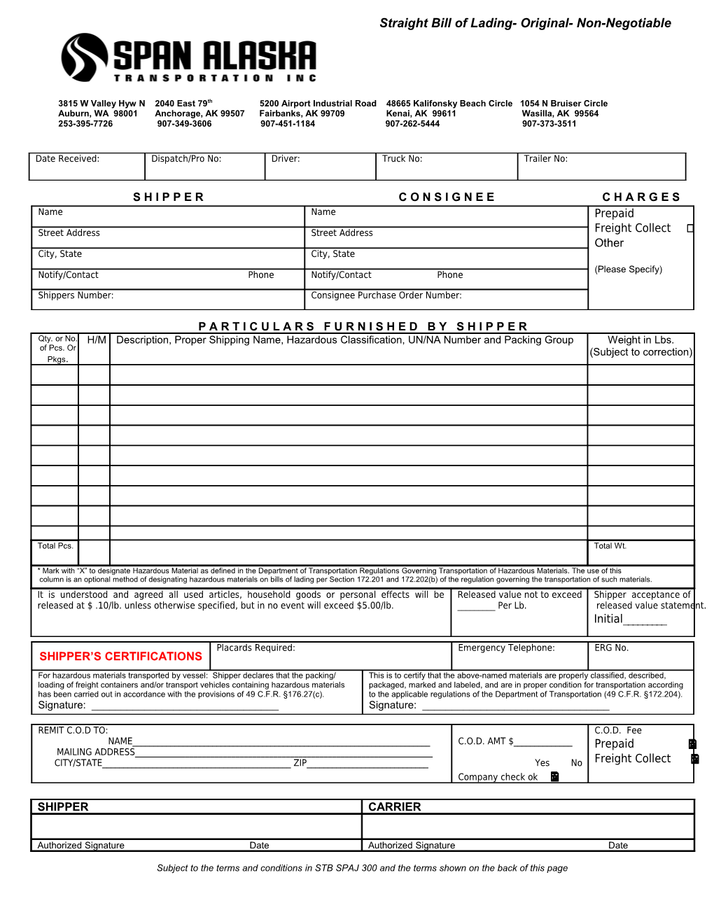 Straight Bill of Lading- Original- Non-Negotiable