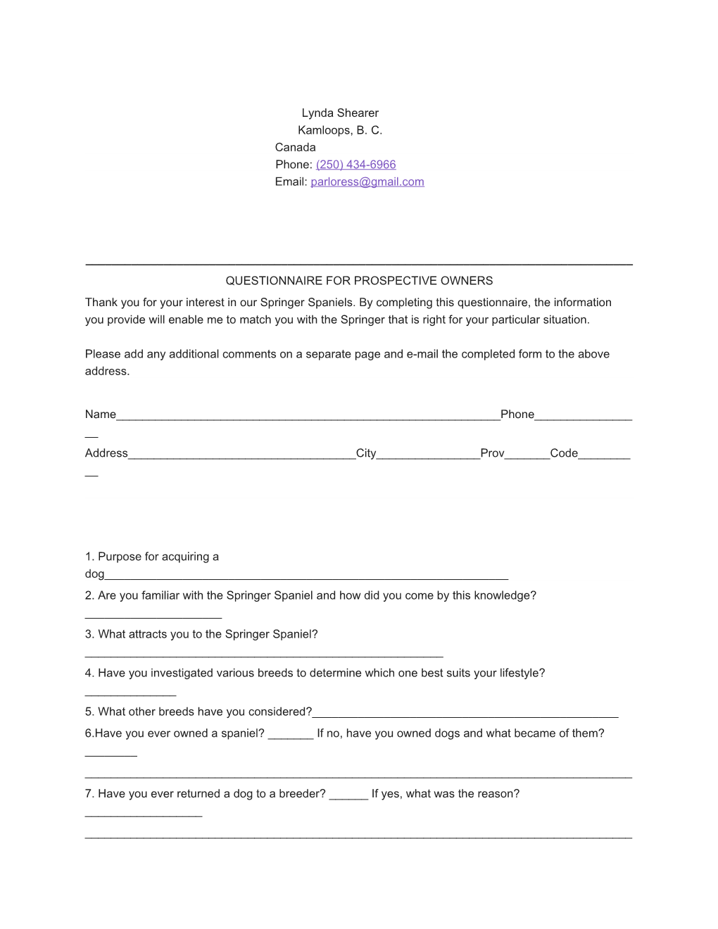 Questionnaire for Prospective Owners