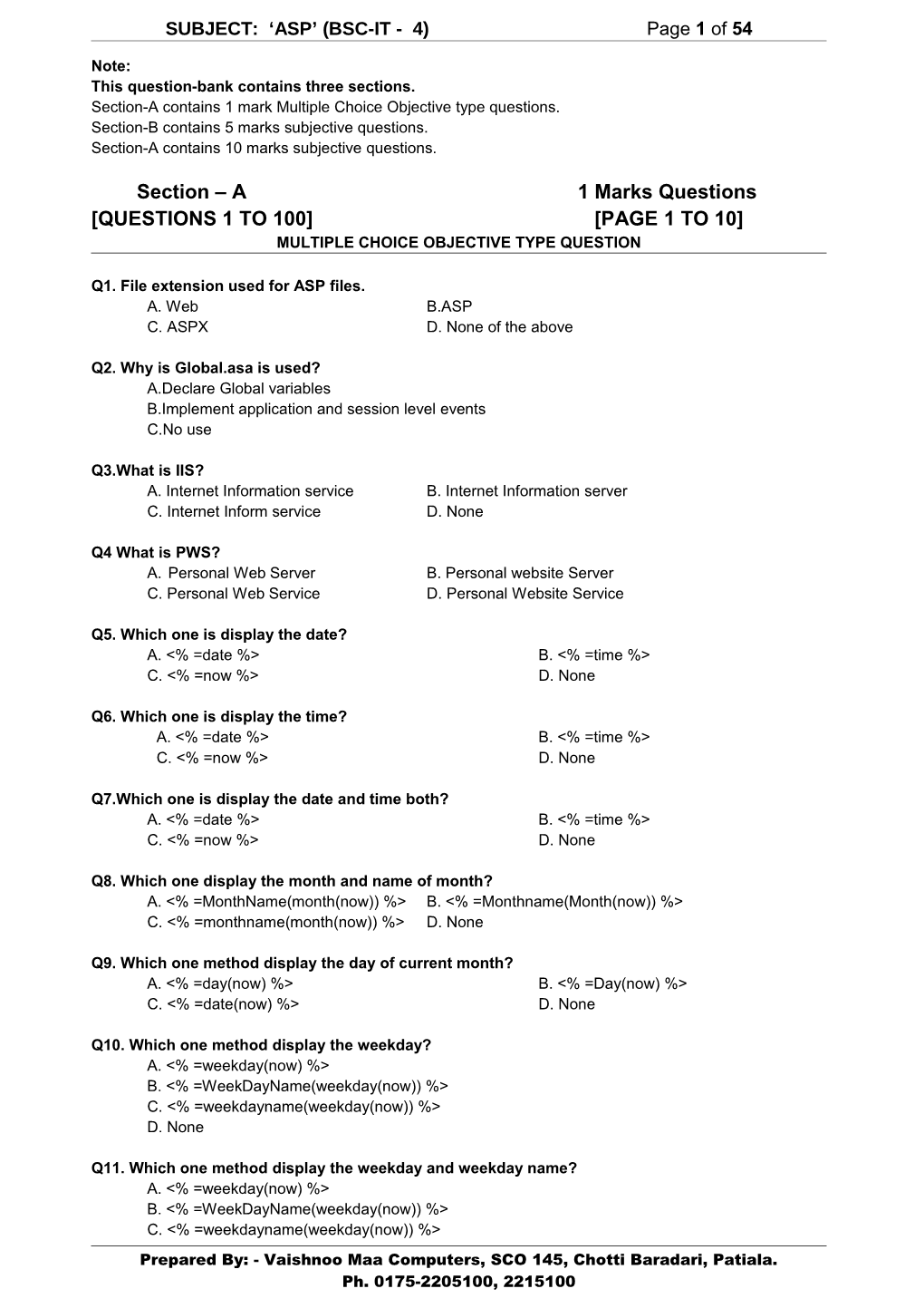 SUBJECT: ASP (BSC-IT - 4) Page 1 of 56