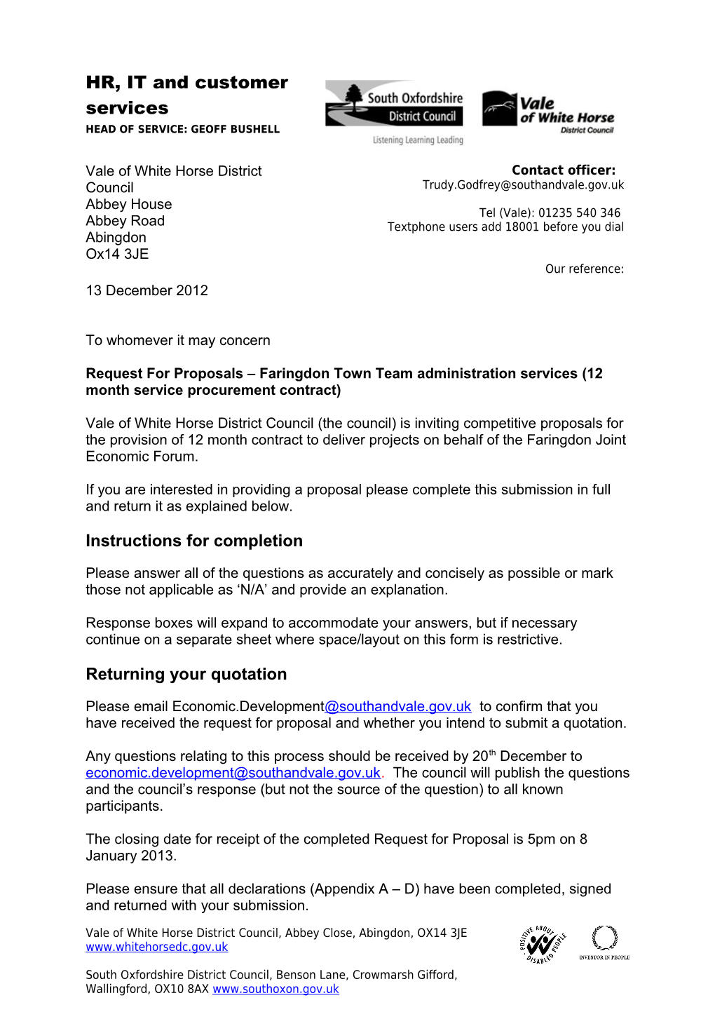 Request for Proposals Faringdon Town Team Administration Services (12 Month Service Procurement