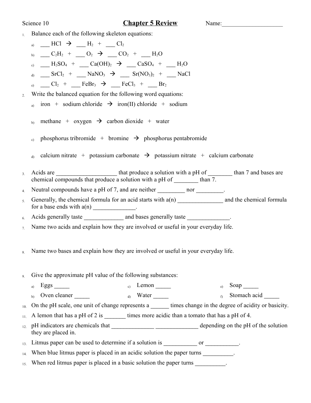 Science 10 Chapter 5 Review Name:______