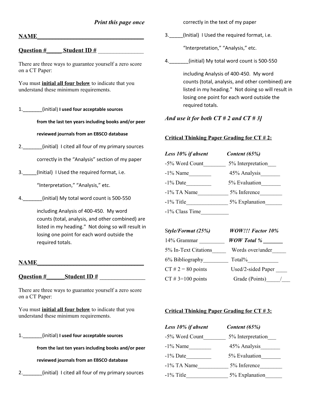 Critical Thinking Paper Grading