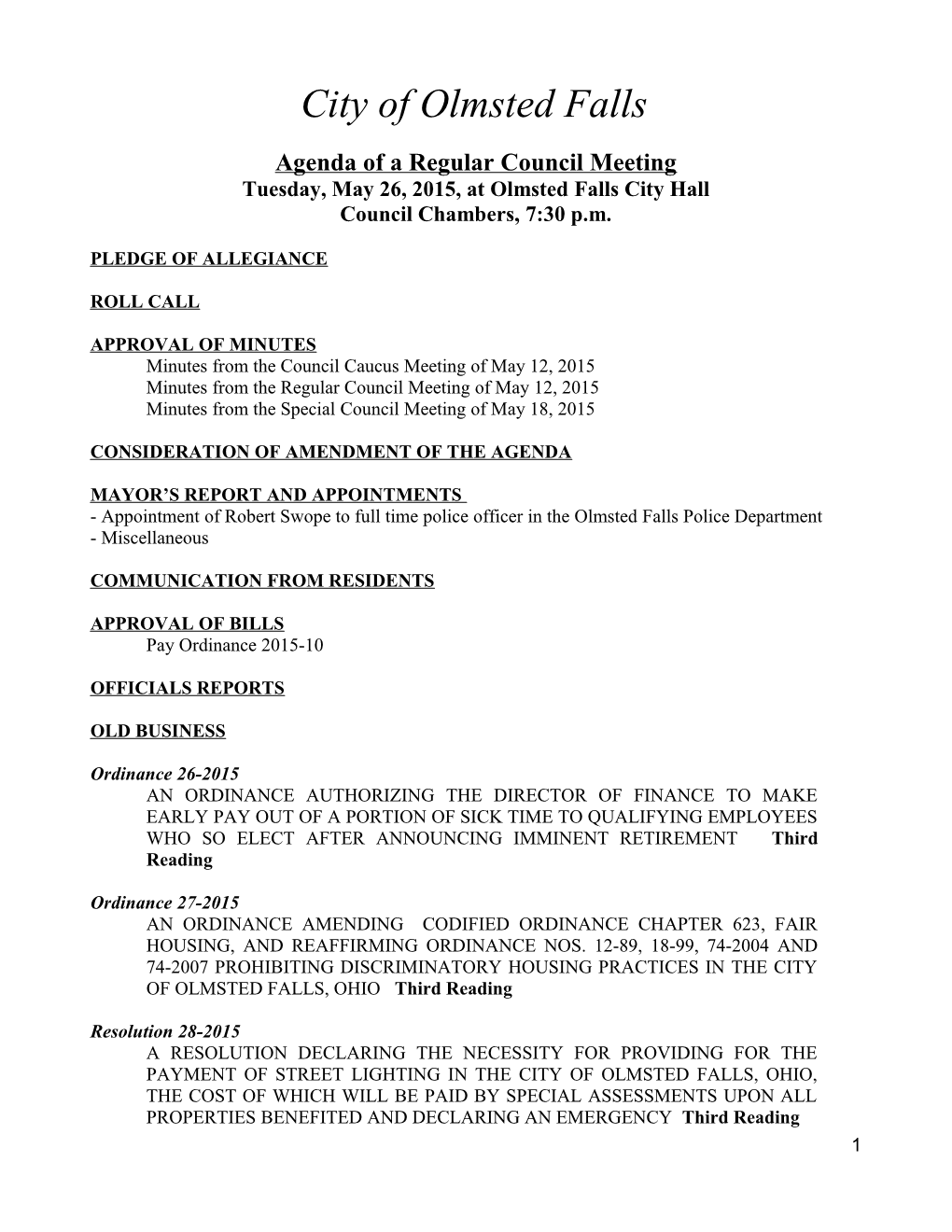 Agenda of a Regular Council Meeting
