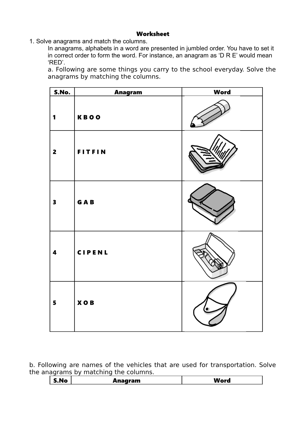 1. Solve Anagrams and Match the Columns