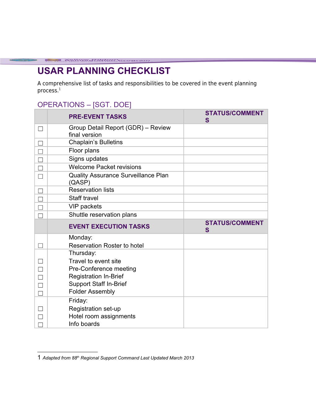 Usar Planning Checklist