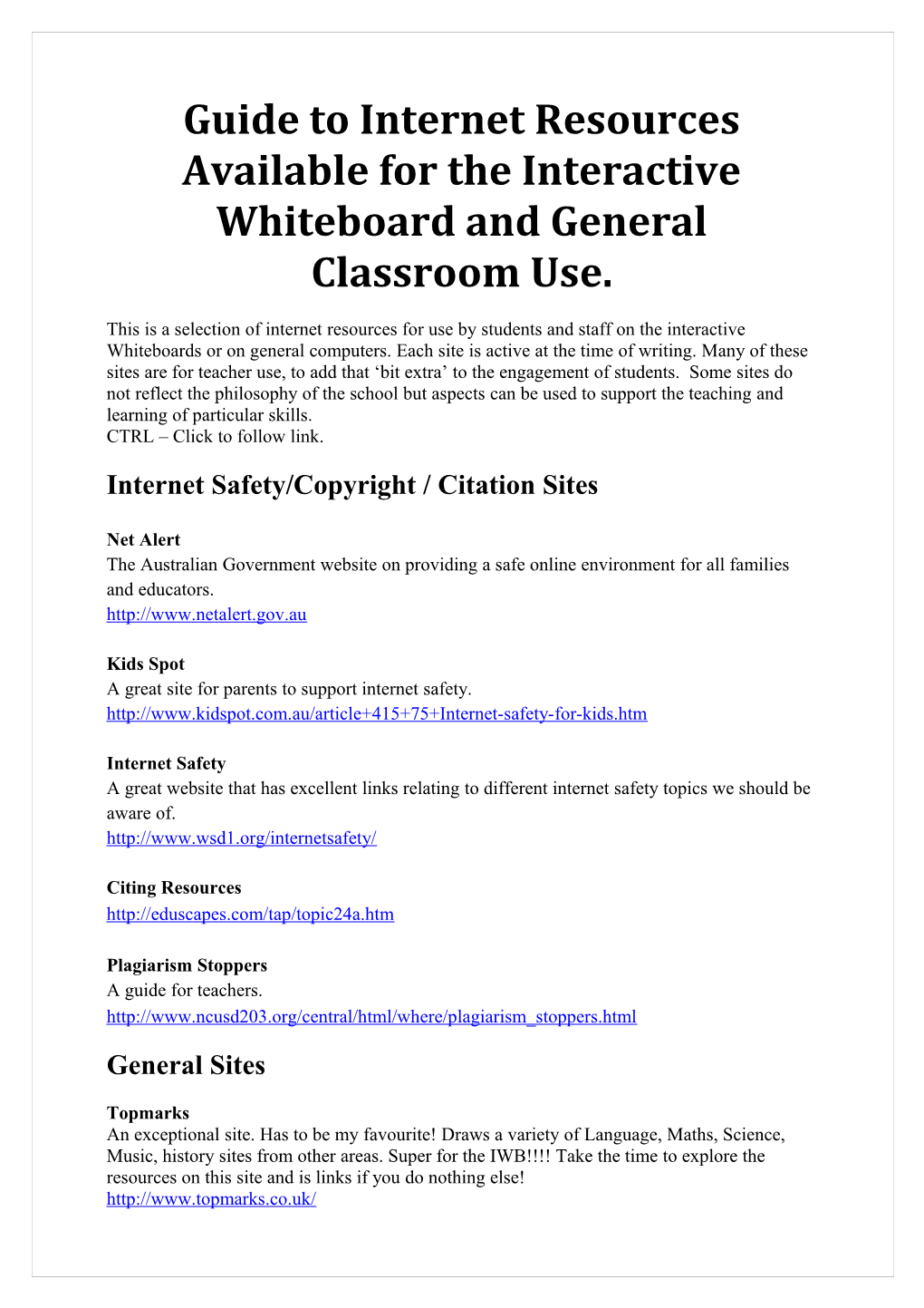 Guide to Internet Resources Available for the Interactive Whiteboard