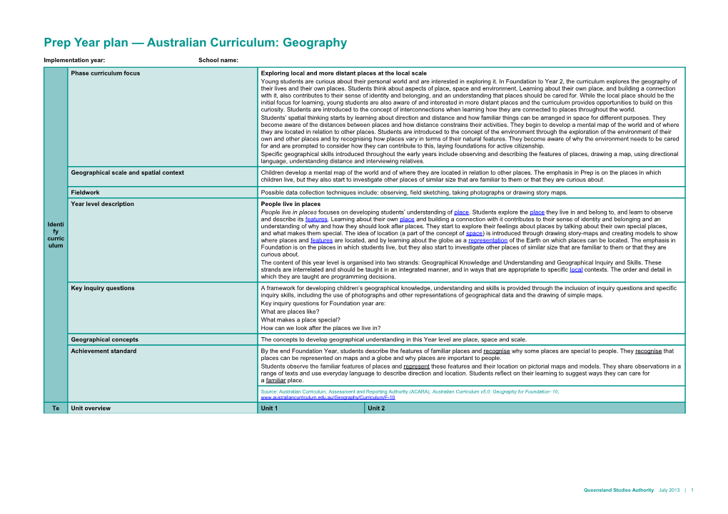 Prep Year Plan Australian Curriculum: Geography