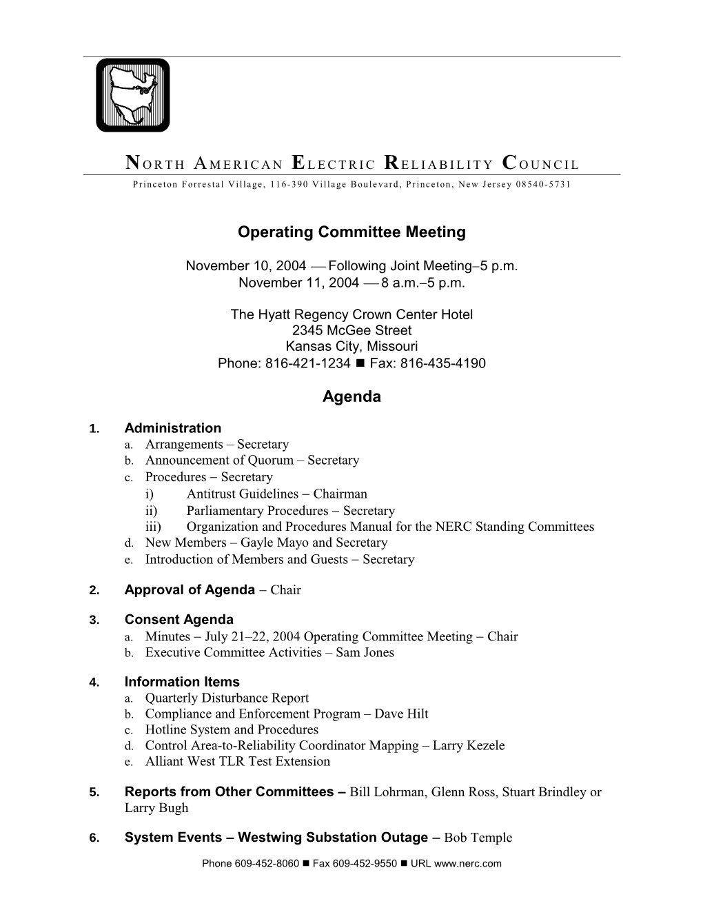 Operating Committee Meeting Agenda