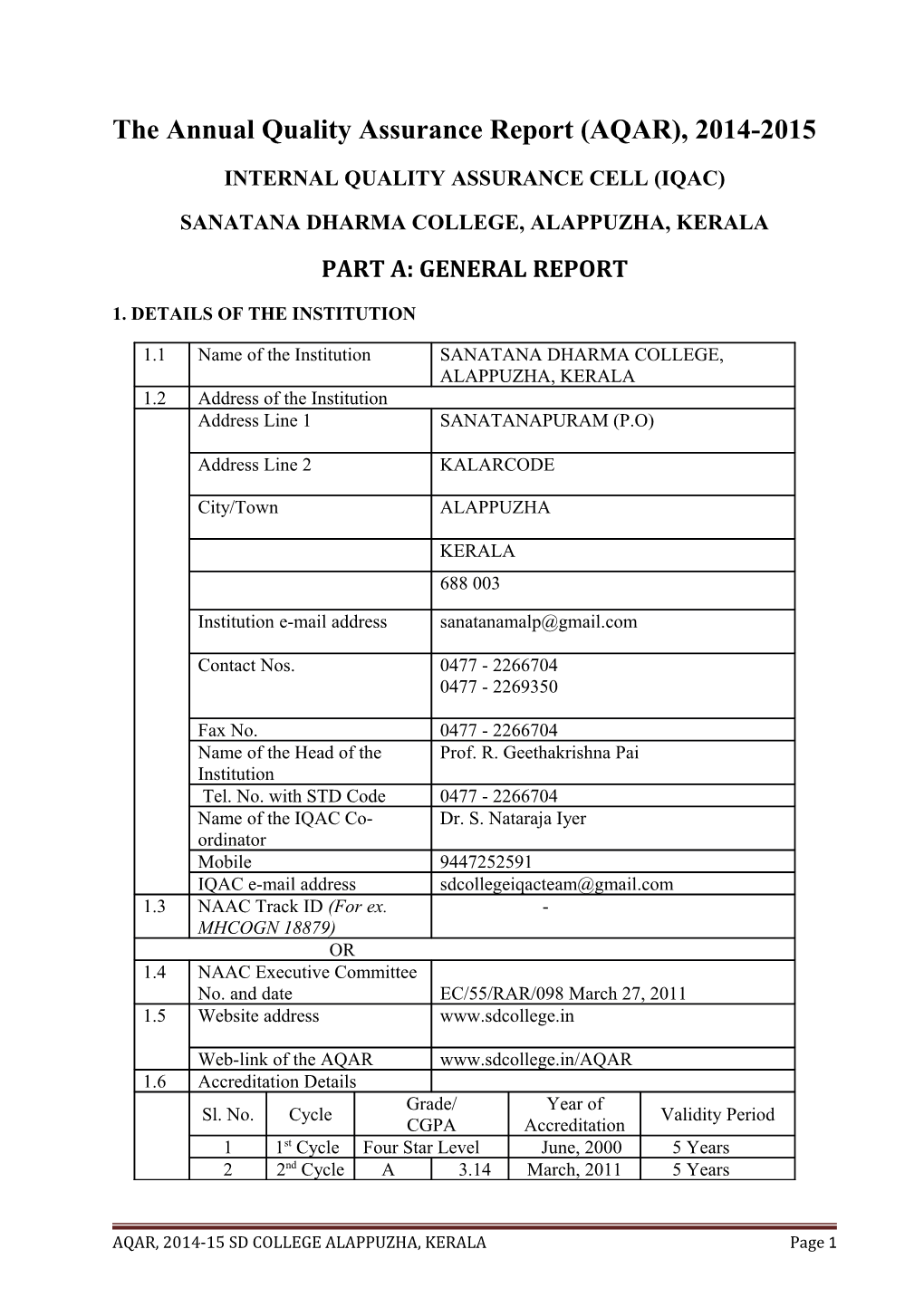 The Annual Quality Assurance Report (AQAR), 2014-2015