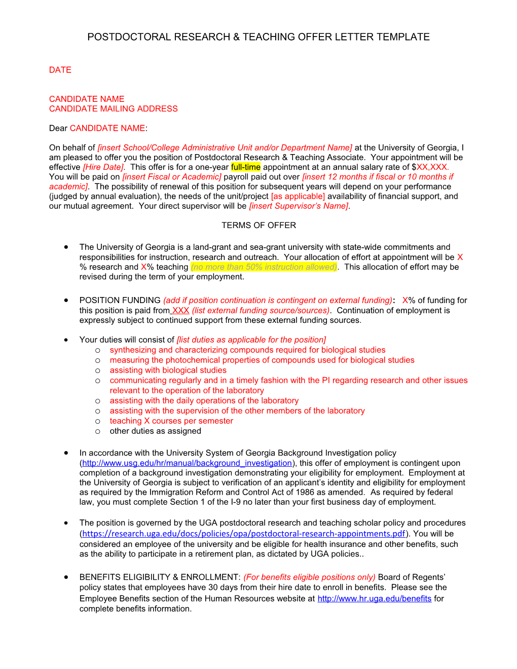 Postdoctoral Research & Teaching Offer Letter Template