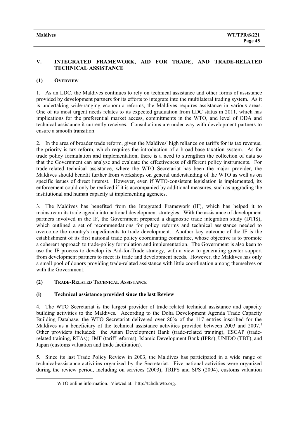 V.Integrated Framework, Aid for Trade, and Trade-Related Technical Assistance