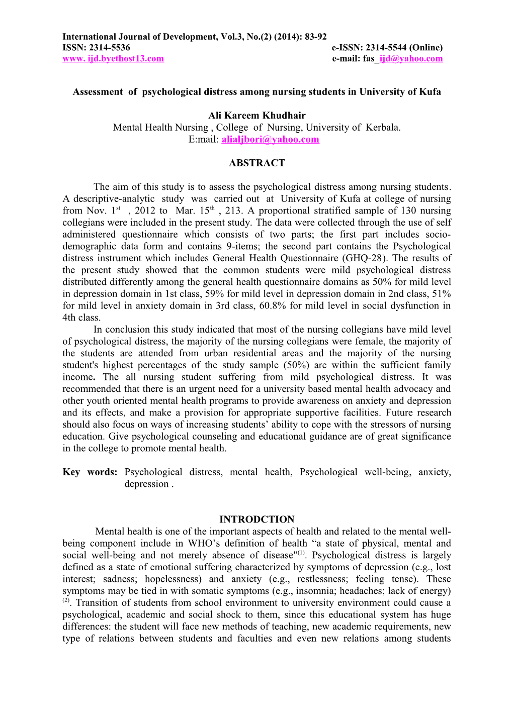 Assessment of Psychological Distress Among Nursing Students in University of Kufa